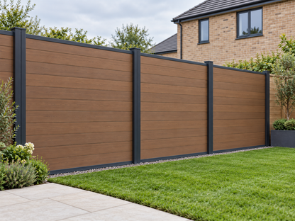 Illustrative Evolved Brown fence installation with solid dark post faces; inaccurate silver stripes removed