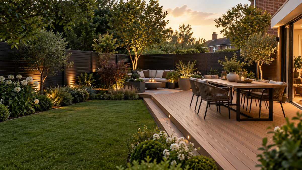 Illustrative garden with oak-tone decking, dark fencing and outdoor dining