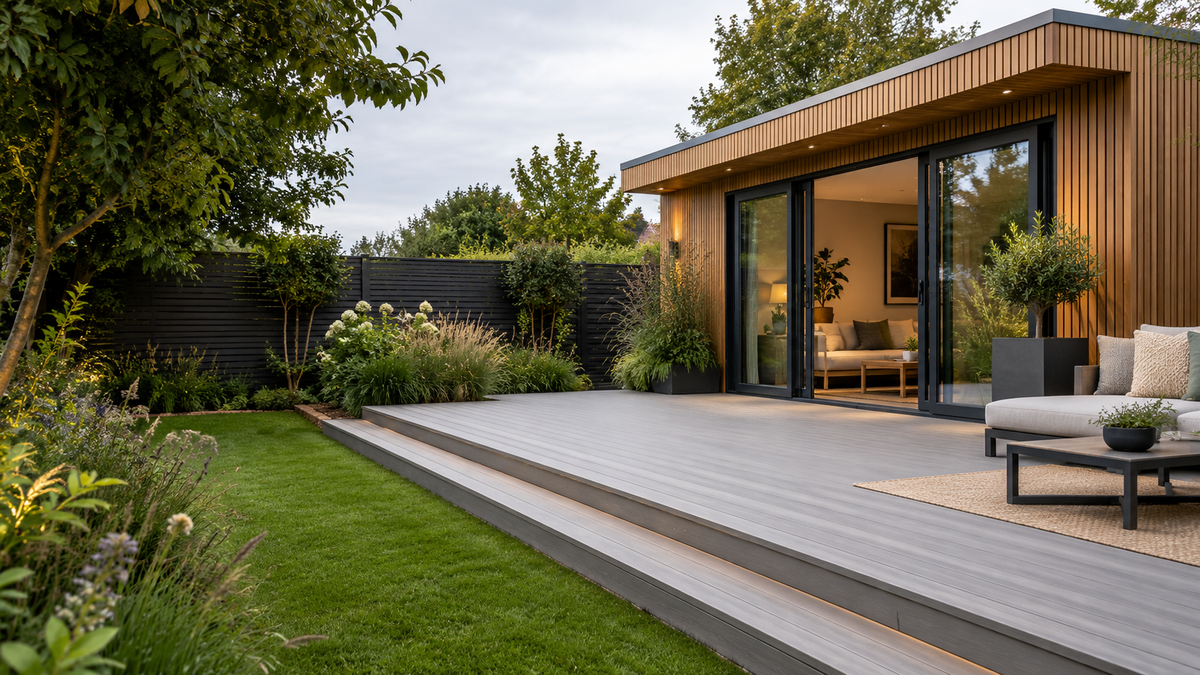 Illustrative garden room with composite slatted cladding and grey decking