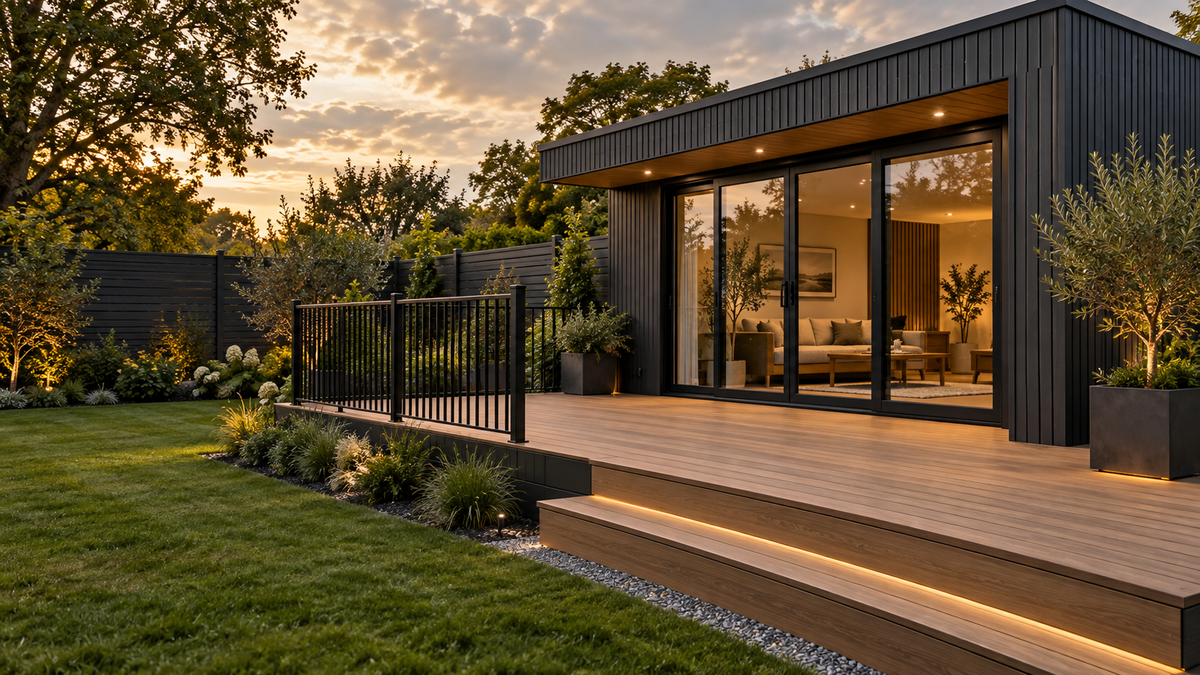 Illustrative completed garden room with composite decking, slatted cladding, fencing and balustrade
