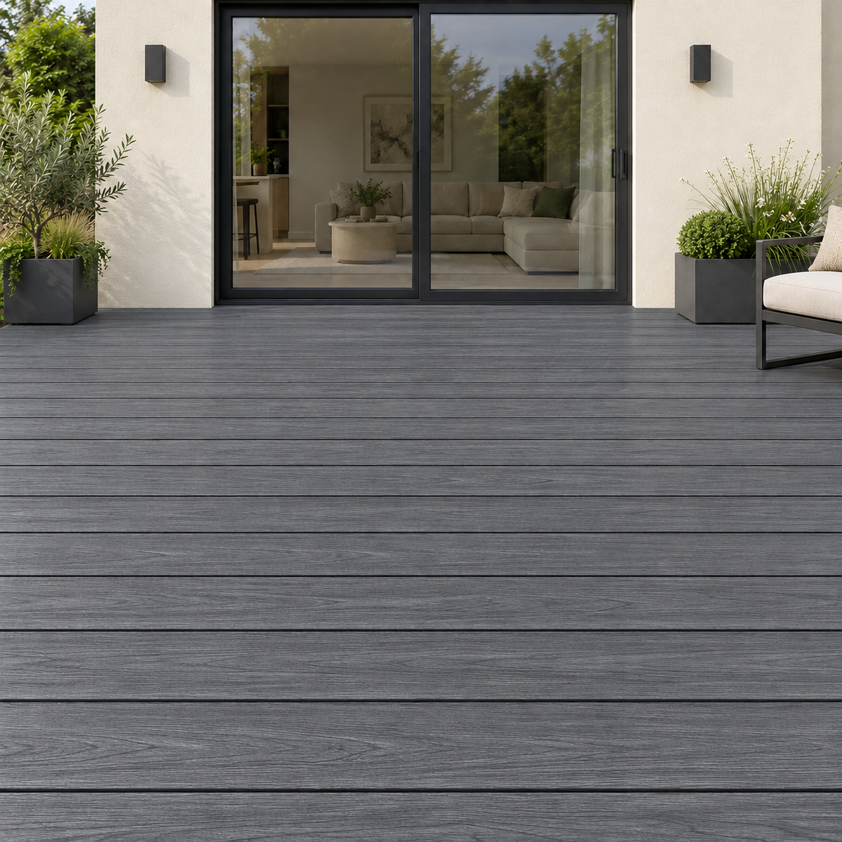 Illustrative Armour Charcoal decking installation matched to supplied board sample, with straight board joints