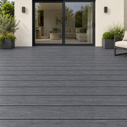 Illustrative Armour Charcoal decking installation matched to supplied board sample, with straight board joints