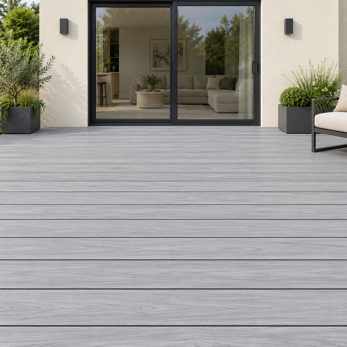 Illustrative Armour Light Grey decking installation matched to supplied board sample, with straight board joints