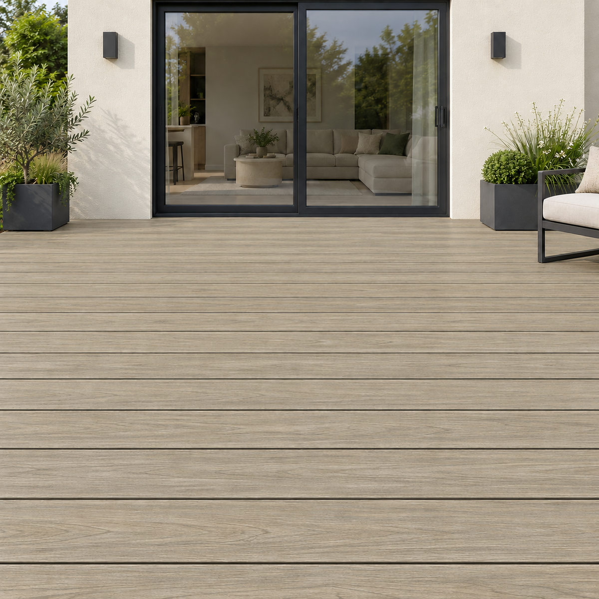 Illustrative Armour Golden Teak reverse-face decking installation matched to supplied board sample, with straight board joints