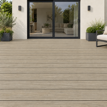 Illustrative Armour Golden Teak reverse-face decking installation matched to supplied board sample, with straight board joints