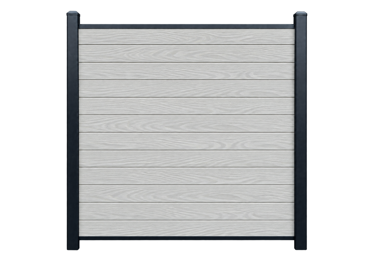 Evolved - Ash White - Composite Fence Kit - (Aluminium Post) — illustrative kit view with Evolved woodgrain boards