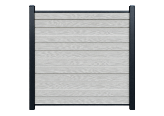 Evolved - Ash White - Composite Fence Kit - (Aluminium Post) — illustrative kit view with Evolved woodgrain boards