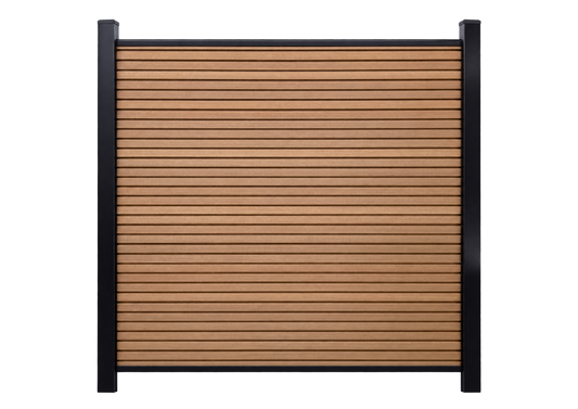 Illustrative SG Cedar fence with closely spaced horizontal slats and charcoal decorative screen, based on the actual showroom panel in a garden setting