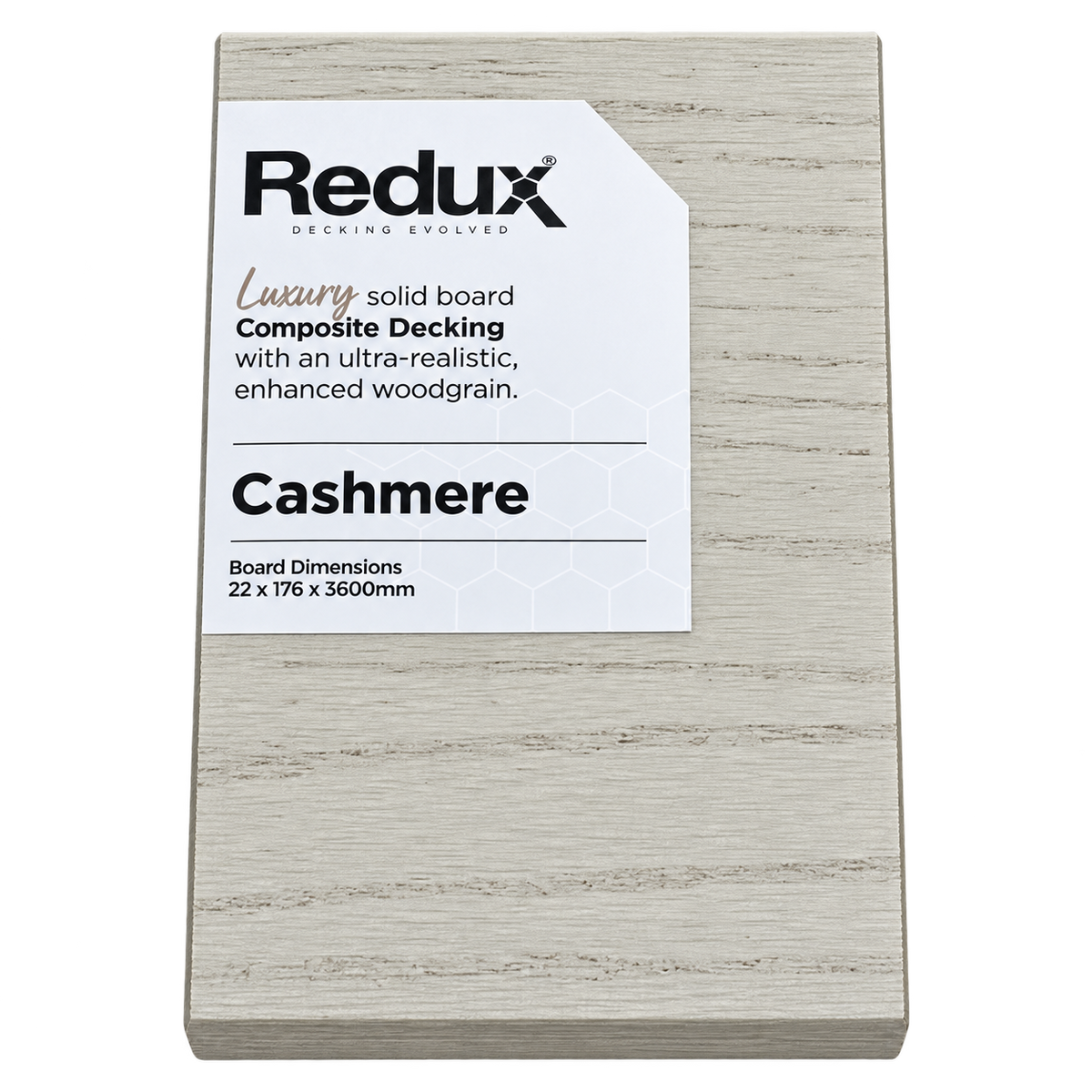 Redux® Cashmere decking sample with product label, transparent background