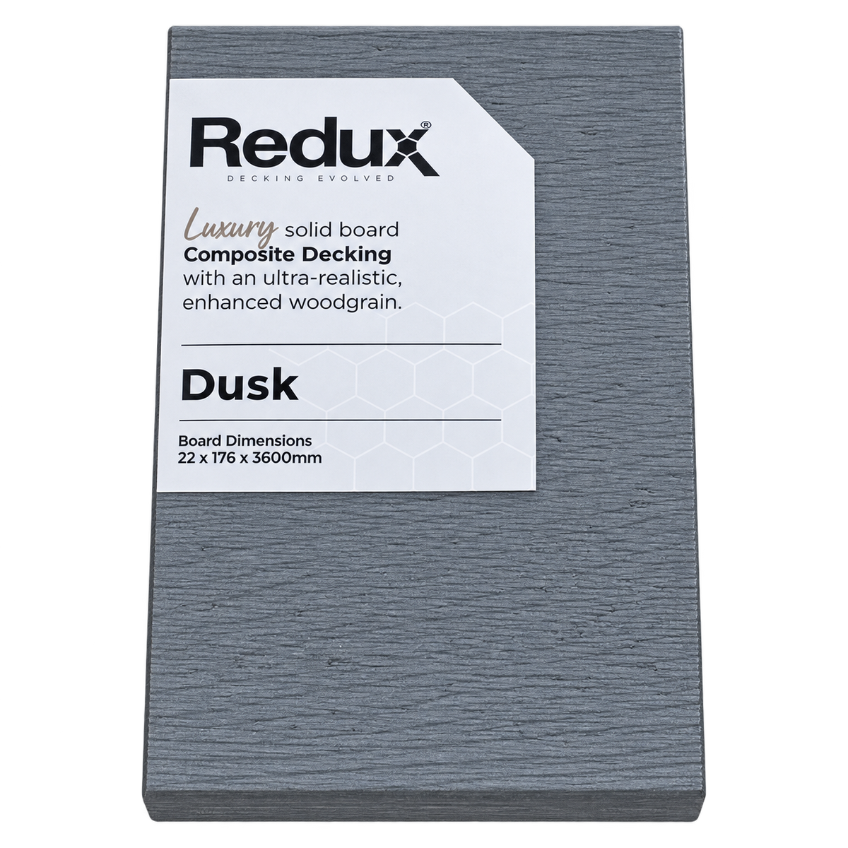 Redux® Dusk decking sample with product label, transparent background