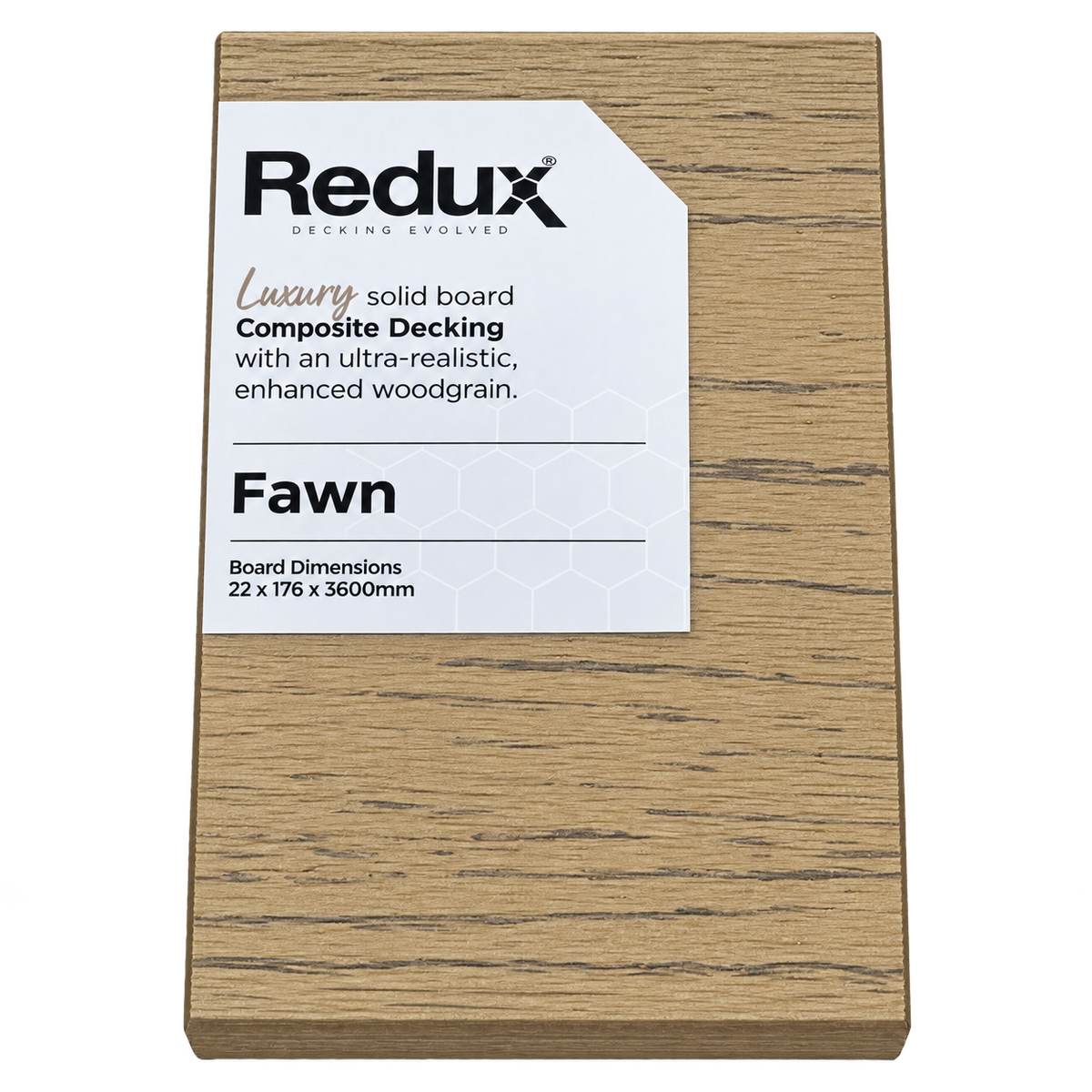 Redux® Fawn decking sample with product label, transparent background