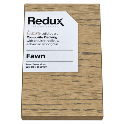 Redux® Fawn decking sample with product label, transparent background