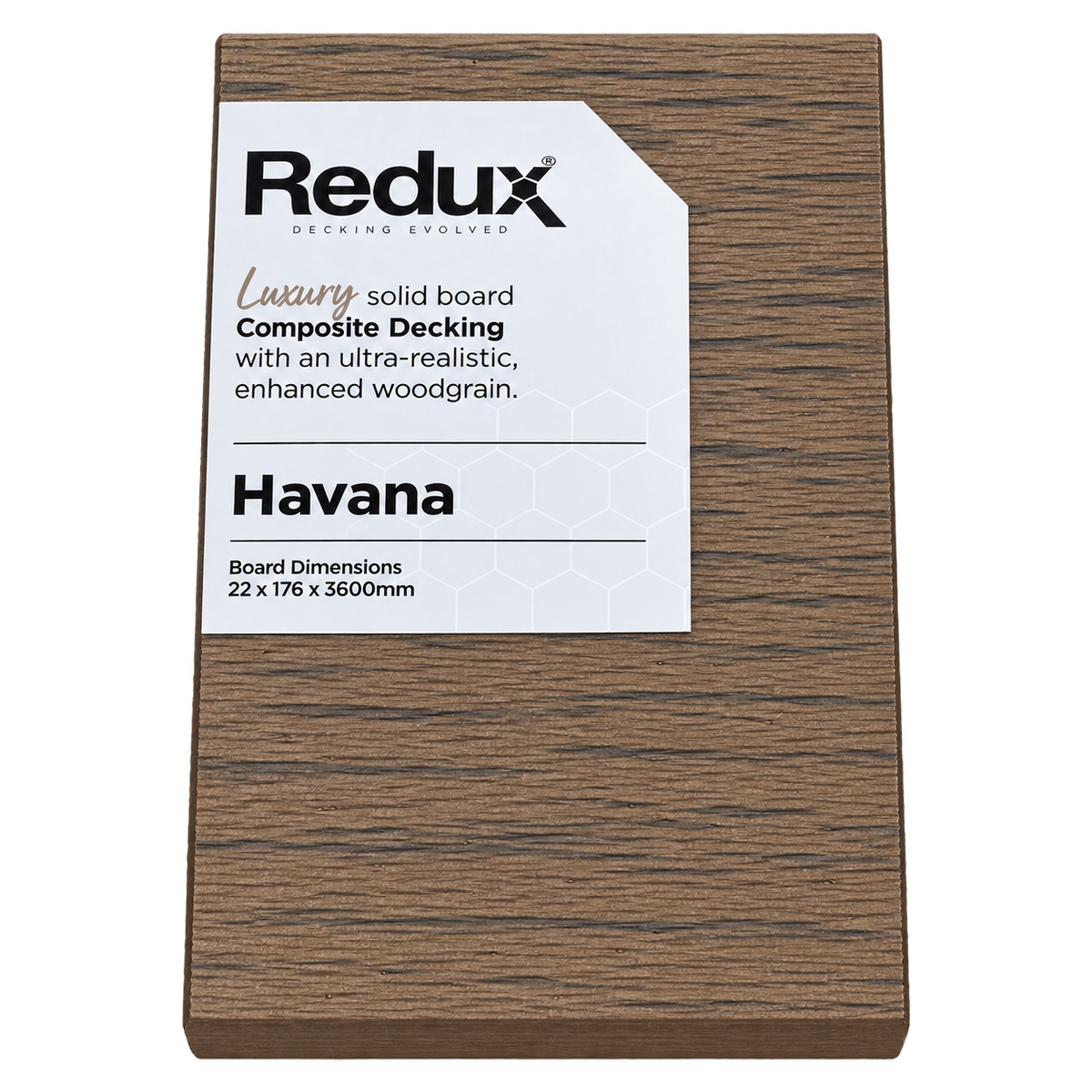 Redux® Havana decking sample with product label, transparent background