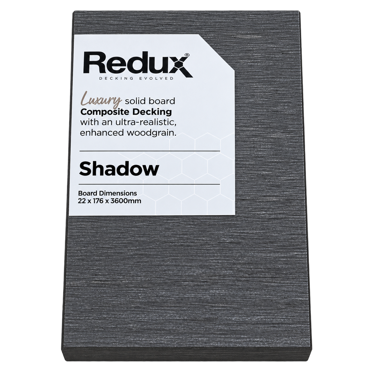 Redux® Shadow decking sample with product label, transparent background