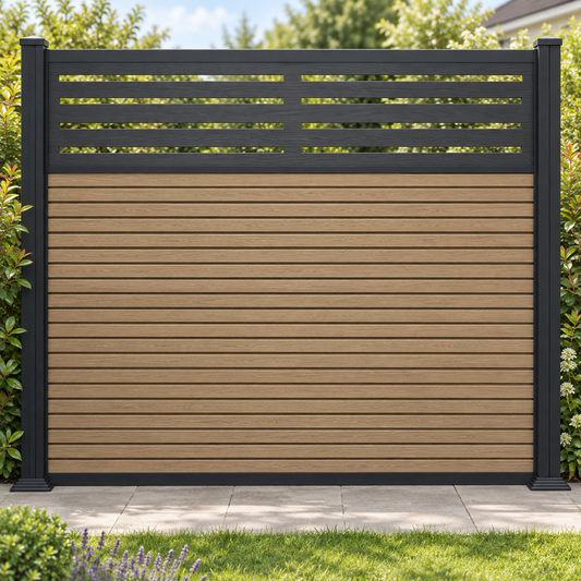 Illustrative SG Cedar fence with closely spaced horizontal slats and charcoal decorative screen, based on the actual showroom panel in a garden setting