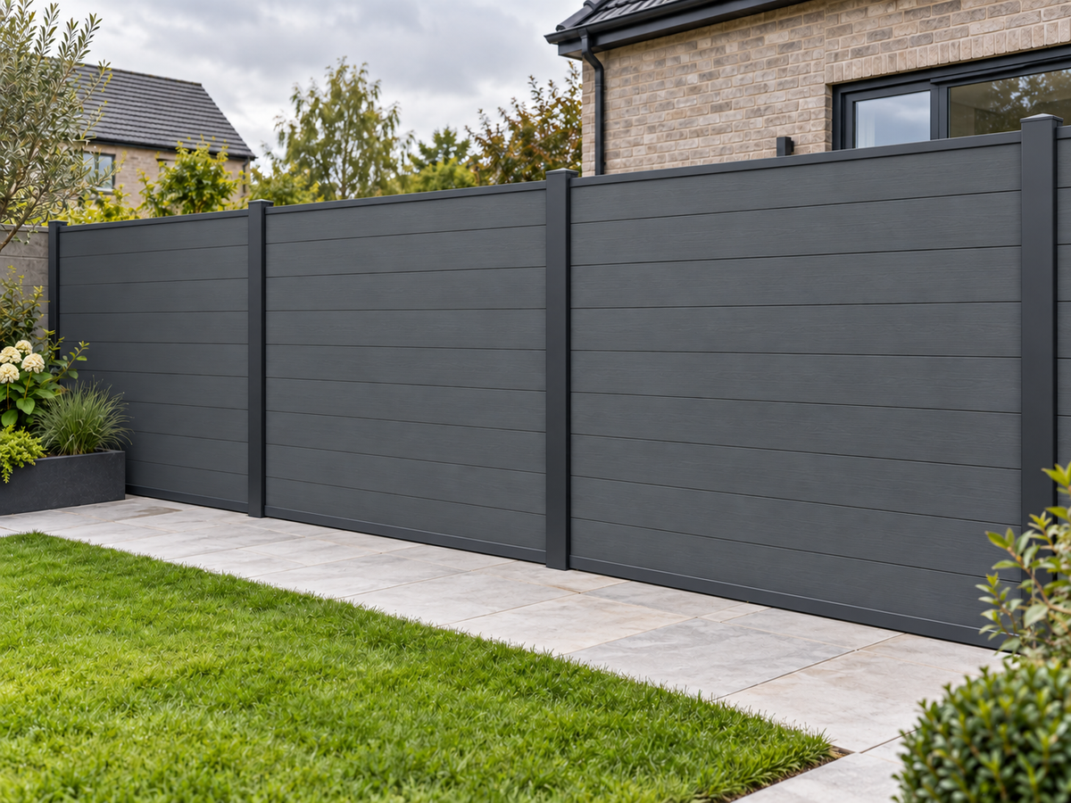 Illustrative Slate Grey fencing installation with dark post edges corrected