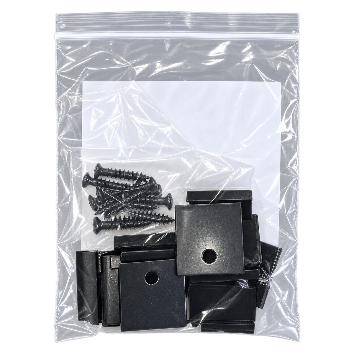 Reverse of real Verde starter clips and screws bag showing the contents