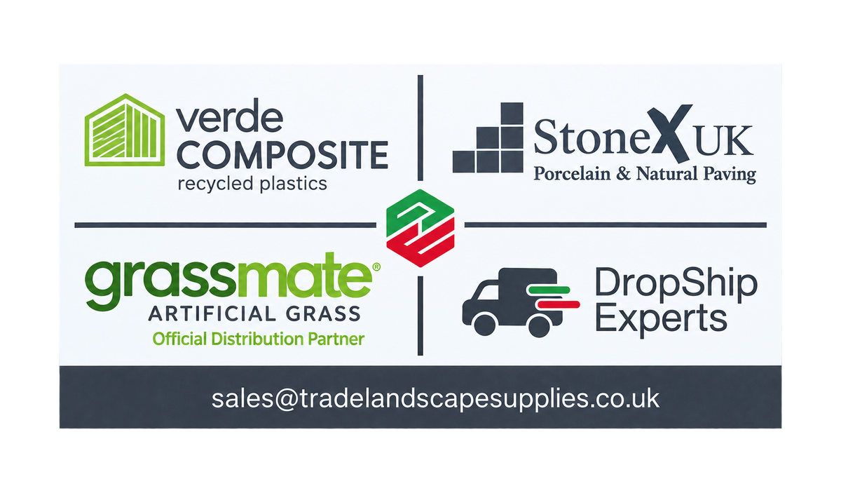 Verde Composite, Stone X UK, Grassmate artificial grass and DropShip Experts. Sales enquiries: sales@tradelandscapesupplies.co.uk.